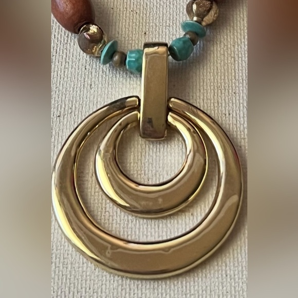 Boho Statement Necklace – Gold Pendant, Turquoise & Acrylic Beads - Picture 5 of 7